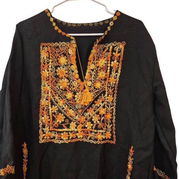 Caftan, Black w Gold & Orange Embroidery Cotton/Poly Textured Tunic Dress NEW w - Picture 2 of 12
